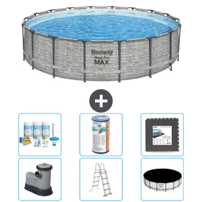 Produktbild von Bestway Round Steel Pro MAX Schwimmbad – Steindruck – 549 x 122 – inklusive Pumpe – Leiter – Abdeckung Wartungspaket - Filter - Bodenfliesen