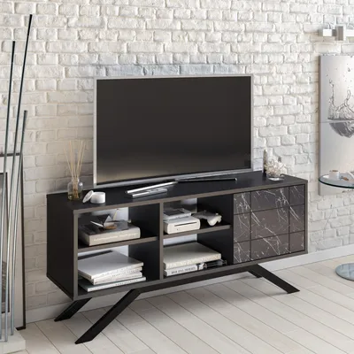 Productafbeelding van Skye Decor, moderne TV-standaard in zwart en marmerlook, 130 x 38,6 x 58,6 cm | 100% melaminecoating op spaanplaat, 18 mm dik | Metalen poten, diverse planken, kan aan de muur worden bevestigd.