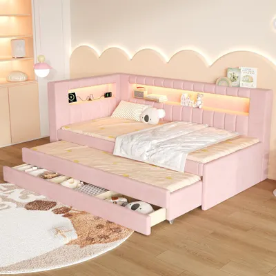 Produktbild von Gepolstertes Tagesbett mit Ausziehbett, 3 Schubladen, USB-Ladefunktion & LED-Licht, Leinen in Rosa, 90x200cm