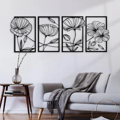 Produktbild von Metall Lotusblume Wanddekoration in Schwarz für Wohnzimmer, Schlafzimmer, Büro - 4 Stück