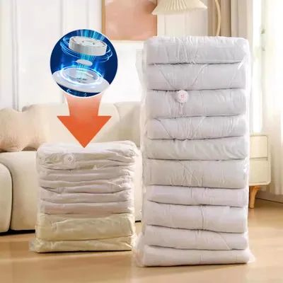 Vacuum storage bags filled with bedding are shown, demonstrating space-saving. An inset graphic illustrates the vacuum pump in use.