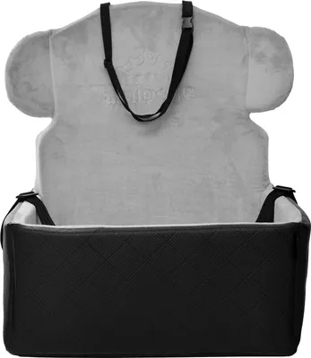 A dog car seat is shown from the front, open and empty.