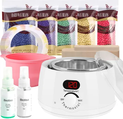 Produktbild von Forever Wachswärmer Waxing Set Digital mit 500g Wachsbohnen 1 Silikonschale 2 Flaschen 30 Holzspateln,Wax haarentfernung gesicht Körper weiß