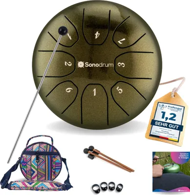 Produktbild von Sonodrum Zungentrommel: C - Dur in Kiwi - 14 cm mit 8 Tönen, Steel Tongue Drum inkl. Liederbuch, Schlägel, Fingersticks und Tragetasche
