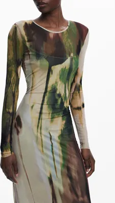 Produktbild von Grünes langes Damenkleid mit Kontrastdetails und langen Ärmeln
