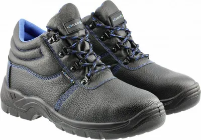 A pair of black work boots with blue accents.