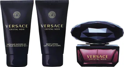 A gift set of Versace Crystal Noir perfume, body lotion, and shower gel.