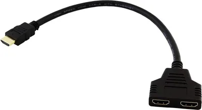A black HDMI splitter cable with one input and two outputs, shown against a white background.