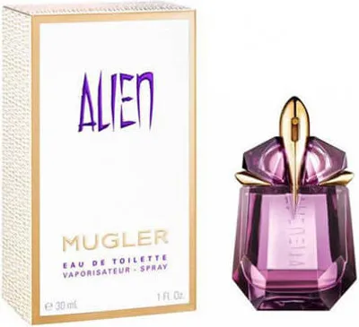 A box of MUGLER Alien Eau de Toilette and a bottle of MUGLER Alien Eau de Toilette.