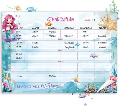 Produktbild von Meerjungfrau Stundenplan für Grundschule – DIN A4 Block, 25 Blatt | Aus hochwertigem Papier, ideal für Schultüte | 1 Klasse Geschenk Mädchen