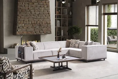 Produktbild von Beige Eckcouch Designer Holz Couchtisch Wohnzimmer Polster Möbel