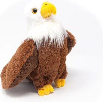 A stuffed toy eagle is shown against a white background.