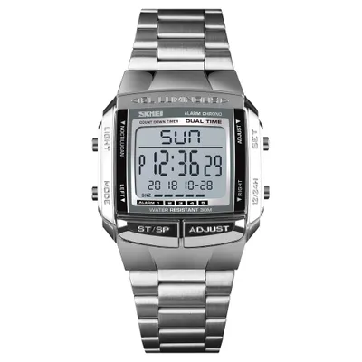 A digital watch with a metal band is shown against a white background.