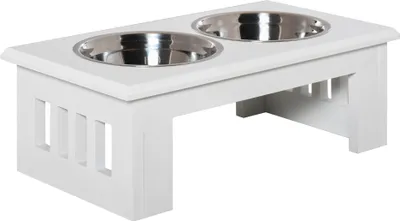 Imagen del producto de Fortuna Lai - Comedero elevado para perros, con cuencos de acero inoxidable, 58,4 x 30,5 x 25,4 cm, fabricado en MDF, antideslizante, fácil de limpiar, color blanco, para perros