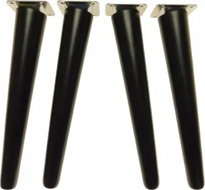 Four black furniture legs with silver mounting plates, arranged in a row against a white background.