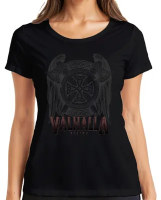 Zdjęcie produktu dla Valhalla Rising Viking Mythology Odin's Raven Valknut Symbol Koszulka damska, Czarny, XL