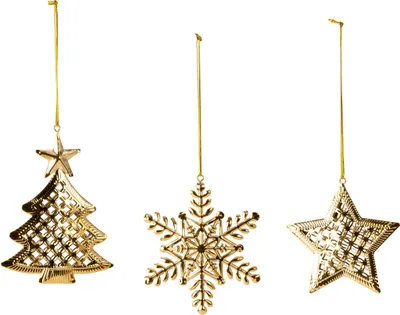 Produktbild von 12 Stück Weihnachtsanhänger Metall Gold Schneeflocke Stern Tanne