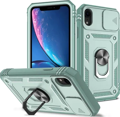 Produktbild von iPhone XR Hülle, Schiebe Kamera Schutz Robust Stoßfest Schutzhülle mit Ringhalterung Ständer Kartenhalter für iPhone XR Grün