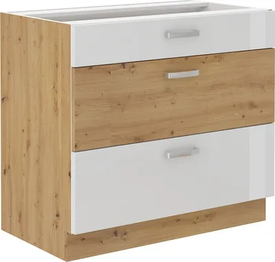 Produktbild von Küchen Unterschrank 80 cm Eiche Artisan + Weiß Hochglanz Vollauszug Soft-Close
