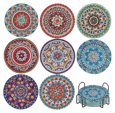 Produktbild von 8 Stück Diamond Painting Untersetzer Mit Halter, Mandala Diamond Painting Untersetzer Bastelset, Diamant Tassenuntersetzer, Geburtstagsgeschenk für Erwachsene Kinder Mädchen