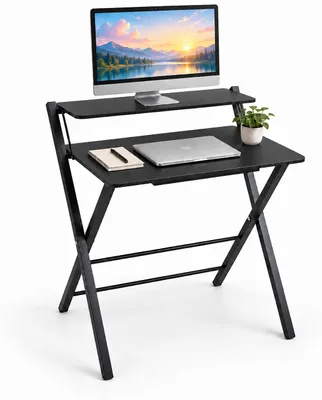 Productafbeelding van Relaxdays Bureau, monitorhouder, inklapbaar, hoogte x breedte x diepte: 82 x 70 x 56 cm, MDF, metaal, werkblad voor thuiswerk, zwart, AI-gegenereerde afbeelding