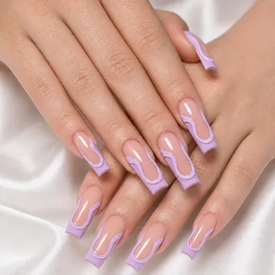 Productafbeelding van 24 Nagelstukjes, "coffin" model, medium – Roze French tip kunstnagels met 3D golfdesign – Herbruikbare, glanzende nagelstukjes met lijm voor dames – Volledig bedekkende nagels, AI-gegenereerde afbeelding