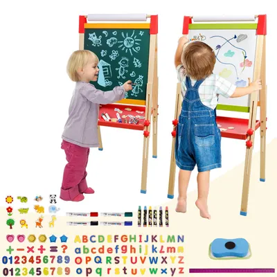 Imagen del producto de Pizarra de madera para niños, con rollo de papel, pizarra blanca de doble cara y pizarra escolar, que incluye números