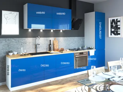 Immagine prodotto di Mobile da cucina FLORENCE con piano di lavoro 372cm bianco frontale segnale blu lucido estensione parziale