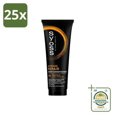 Immagine prodotto di 25 confezioni di balsamo intensivo riparatore Syoss, formato da 250 ml ciascuna. Confezione da 25 pezzi