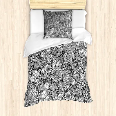 Produktbild von ABAKUHAUS Blatt Mantele, Floral Einfache Natur, Milbensicher Allergiker geeignet mit Kissenbezügen, 135 cm x 200 cm - 80 x 80 cm, Schwarz-Weiss