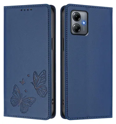 Image de Étui en cuir pour Motorola Moto G14, motif papillon, étui à rabat avec porte-appareil, bleu foncé