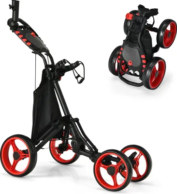 Produktbild von GOPLUS Golf Trolley, Golftrolley 4 Rad mit Verstellbarer Griff, Fußbremse, Golfwagen klappbar mit Scorecard, Rot