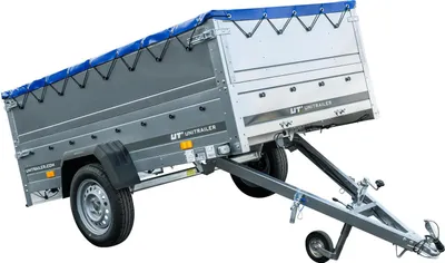 Produktbild von Anhänger mit faltbarer Deichsel GARDEN TRAILER 230 KIPP mit zusätzlichen Bordwänden, Stützrad und blauer Flachplane