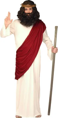 A man dressed as Jesus, holding a staff.