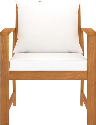 A front view of a wooden chair with white cushions.