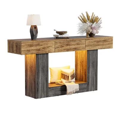 Produktbild von Konsolentisch 140cm Beistelltisch Flurtisch Sofatisch mit 3 Schubladen & LED, Holz Bauernhoftisch für Eingang, Flur, Wohnzimmer, Eicheoptik