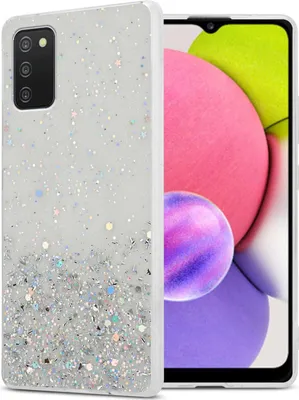Produktbild von Cadorabo Hülle für Samsung Galaxy A03s in Transparent mit Glitter Schutzhülle aus flexiblem TPU Silikon mit funkelnden Glitter Case Cover Etui Handy Hülle
