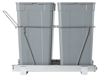 Zdjęcie produktu dla SucceBuy Wyciągane kosze na śmieci (35 Qt + 35 Qt) do szafek kuchennych, podwójny pojemnik na śmieci pod zlewem, system na śmieci z solidnym metalowym systemem przesuwnym i uchwytem