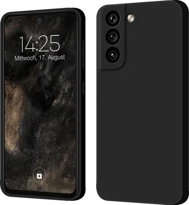 A black smartphone case is shown from the front and back, with the phone screen displaying the time and date.