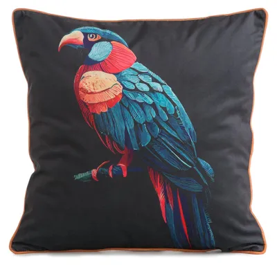 Zdjęcie produktu dla Poszewka na poduszkę welurowa 45x45 cm czarna z papugą