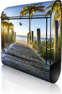 Produktbild von banjado Design Briefkasten Stahl schwarz mit Zeitungsfach pulverbeschichtet "Weg zum Strand" 38x46x12,5cm & 2 Schlüssel - Postkasten A4 Einwurf inkl. Montagematerial [BKSCH 12050]