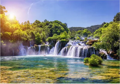 Produktbild von Fototapete Wasserfall 3D Effekt Natur Sonne 250x175 cm - inkl. Kleister - für Schlafzimmer Wohnzimmer Flur Modern Vlies Tapete Vliestapete Wandtapete Motivtapeten UV-Beständig
