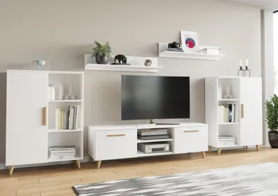 Produktbild von Wohnwand Oslo 2 Per La Vita Weiß, Modern Schrankwand, Wohnzimmerschrank mit Hängeschrank, Sideboard und Wandregal, Wohnzimmer