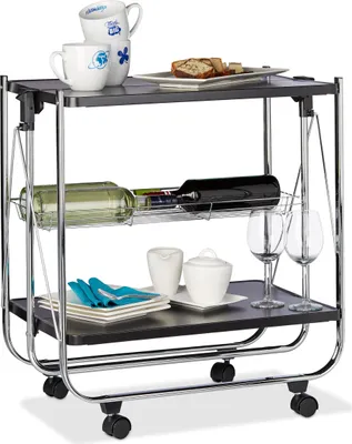 Produktbild von Relaxdays Servierwagen klappbar, 4 Rollen, Metall, 2 Böden, Gitterkorb, HxBxT 68,5 x 68 x 40,5 cm, Küchenwagen, Schwarz