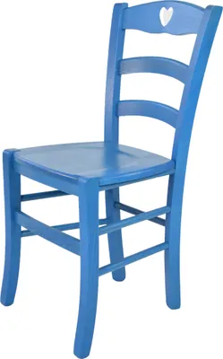 A blue wooden chair with a white heart on the backrest, isolated on a white background.