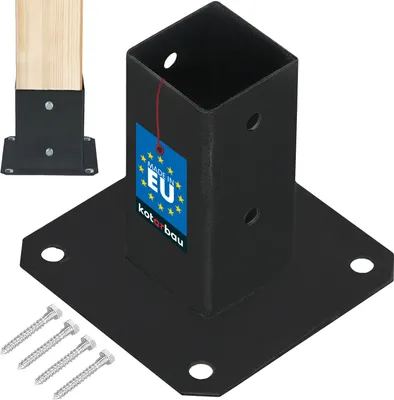 A black metal post anchor with a wooden post inserted, and three screws in the foreground, set against a white background.