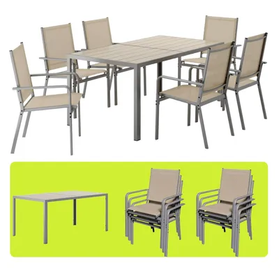 Produktbild von BEALIFE 7-teiliges Gartenmöbel-Set mit Tisch & 6 Stühlen | Metalltisch in Holzoptik, stapelbare Outdoor-Stühle | Für Garten, Terrasse | beige TB104