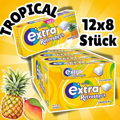 Produktbild von Wrigley's Extra Refreshers Tropical Zuckerfreier Kaugummi | 12x17,9g (96 Dragees) | Tropical Geschmack