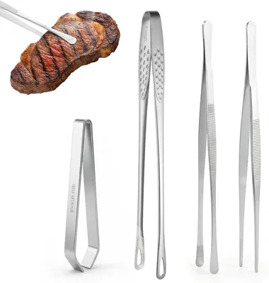 Image de Ensemble de pinces de cuisine en acier inoxydable, comprenant 4 pièces, idéal pour le barbecue et les travaux de précision