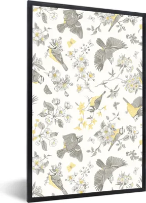 Produktbild von MuchoWow® MuchoWow® Gerahmtes Poster Blumen - Vogel - Muster 40x60 cm - Poster mit zchwarzem Bilderrahmen - Papierdruck - Wandbilder